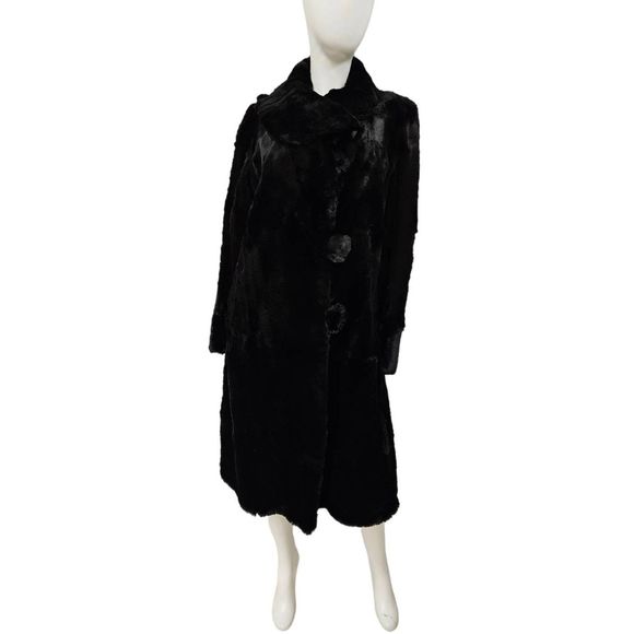 Vintage Black Beaver Fur Long Coat Charles J. Goldstein Small